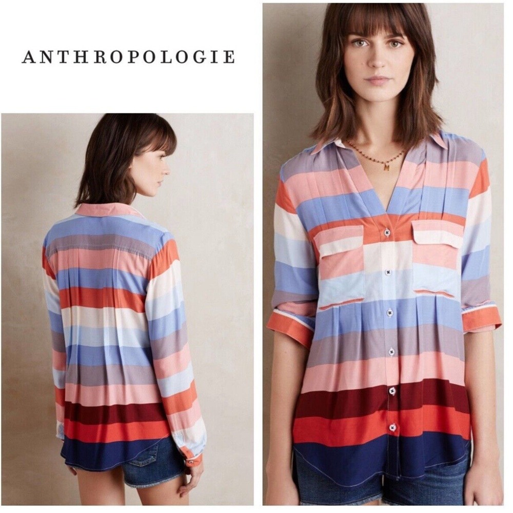 Anthropologie Maeve Women's Wynwood Striped Buttons Down Shirt Top Size 4